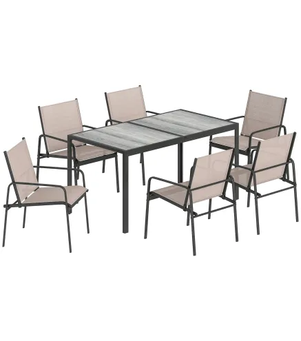 Conjunto de Mesa y Sillas Jardín con Mesa de Efecto Madera y 6 Sillas con Asiento Transpirable para Terraza Patio Caqui