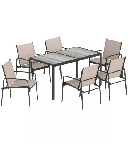 Conjunto de Mesa y Sillas Jardín con Mesa de Efecto Madera y 6 Sillas con Asiento Transpirable para Terraza Patio Caqui