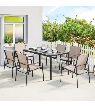 Conjunto de Mesa y Sillas Jardín con Mesa de Efecto Madera y 6 Sillas con Asiento Transpirable para Terraza Patio Caqui