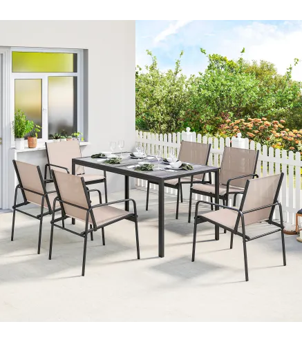 Conjunto de Mesa y Sillas Jardín con Mesa de Efecto Madera y 6 Sillas con Asiento Transpirable para Terraza Patio Caqui