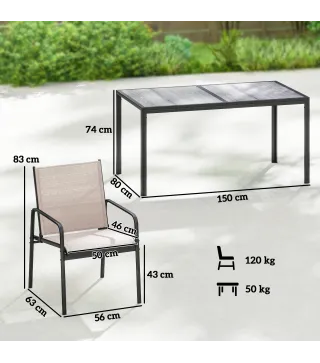 Conjunto de Mesa y Sillas Jardín con Mesa de Efecto Madera y 6 Sillas con Asiento Transpirable para Terraza Patio Caqui