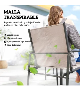 Conjunto de Mesa y Sillas Jardín con Mesa de Efecto Madera y 6 Sillas con Asiento Transpirable para Terraza Patio Caqui