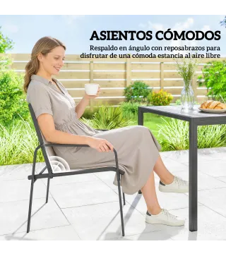 Conjunto de Mesa y Sillas Jardín con Mesa de Efecto Madera y 6 Sillas con Asiento Transpirable para Terraza Patio Caqui