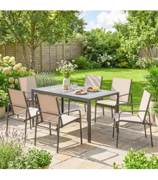 Conjunto de Mesa y Sillas Jardín con Mesa de Efecto Madera y 6 Sillas con Asiento Transpirable para Terraza Patio Caqui