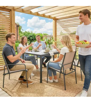 Conjunto de Mesa y Sillas Jardín con Mesa de Efecto Madera y 6 Sillas con Asiento Transpirable para Terraza Patio Caqui