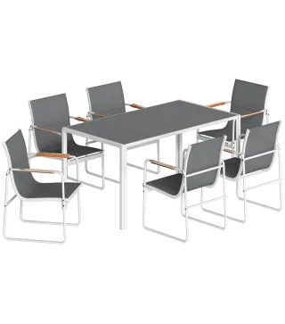 Conjunto de Mesa y Sillas Jardín con Mesa de Vidrio Templado y 6 Sillas Transpirables para Terraza Patio Blanco y Gris