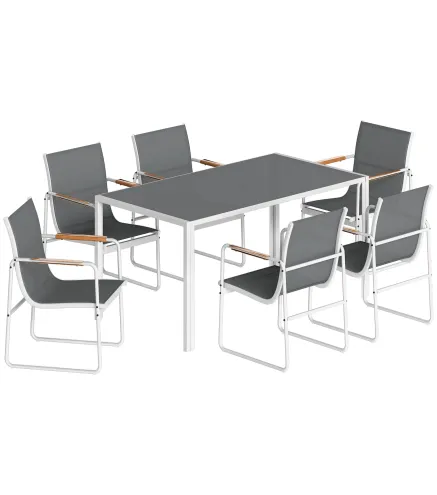 Conjunto de Mesa y Sillas Jardín con Mesa de Vidrio Templado y 6 Sillas Transpirables para Terraza Patio Blanco y Gris