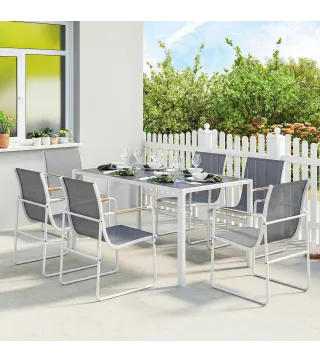 Conjunto de Mesa y Sillas Jardín con Mesa de Vidrio Templado y 6 Sillas Transpirables para Terraza Patio Blanco y Gris