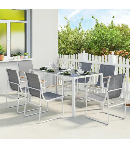Conjunto de Mesa y Sillas Jardín con Mesa de Vidrio Templado y 6 Sillas Transpirables para Terraza Patio Blanco y Gris