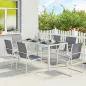 Conjunto de Mesa y Sillas Jardín con Mesa de Vidrio Templado y 6 Sillas Transpirables para Terraza Patio Blanco y Gris