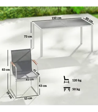Conjunto de Mesa y Sillas Jardín con Mesa de Vidrio Templado y 6 Sillas Transpirables para Terraza Patio Blanco y Gris