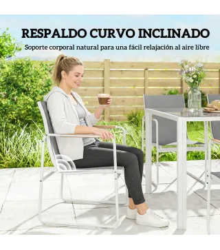Conjunto de Mesa y Sillas Jardín con Mesa de Vidrio Templado y 6 Sillas Transpirables para Terraza Patio Blanco y Gris