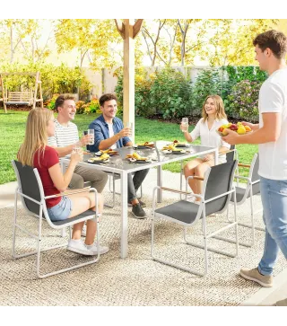Conjunto de Mesa y Sillas Jardín con Mesa de Vidrio Templado y 6 Sillas Transpirables para Terraza Patio Blanco y Gris