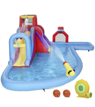 Castillo Hinchable Acuático con Soplador 550W Tobogán Pared de Escalada Piscina Aro de Baloncesto Portería de Fútbol