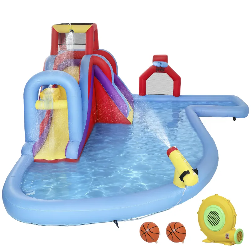 Castillo Hinchable Acuático con Soplador 550W Tobogán Pared de Escalada Piscina Aro de Baloncesto Portería de Fútbol
