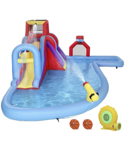 Castillo Hinchable Acuático con Soplador 550W Tobogán Pared de Escalada Piscina Aro de Baloncesto Portería de Fútbol