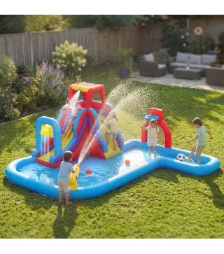 Castillo Hinchable Acuático con Soplador 550W Tobogán Pared de Escalada Piscina Aro de Baloncesto Portería de Fútbol