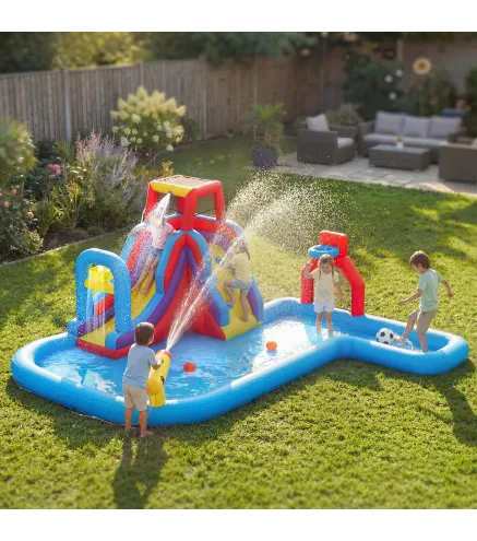 Castillo Hinchable Acuático con Soplador 550W Tobogán Pared de Escalada Piscina Aro de Baloncesto Portería de Fútbol
