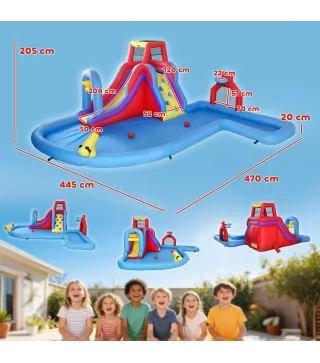Castillo Hinchable Acuático con Soplador 550W Tobogán Pared de Escalada Piscina Aro de Baloncesto Portería de Fútbol