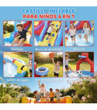 Castillo Hinchable Acuático con Soplador 550W Tobogán Pared de Escalada Piscina Aro de Baloncesto Portería de Fútbol