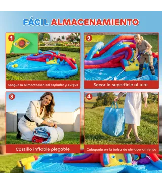 Castillo Hinchable Acuático con Soplador 550W Tobogán Pared de Escalada Piscina Aro de Baloncesto Portería de Fútbol