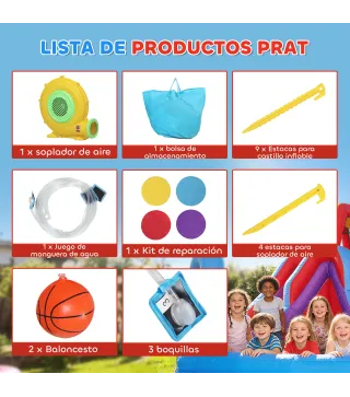 Castillo Hinchable Acuático con Soplador 550W Tobogán Pared de Escalada Piscina Aro de Baloncesto Portería de Fútbol