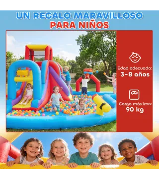 Castillo Hinchable Acuático con Soplador 550W Tobogán Pared de Escalada Piscina Aro de Baloncesto Portería de Fútbol