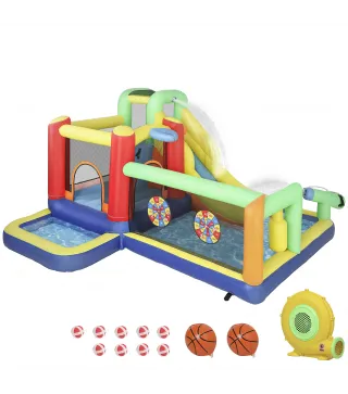 Castillo Hinchable Acuático con Soplador 550W 9 en 1 con Tobogán Trampolín Escalada 2 Piscinas Canasta Columna de Boxeo