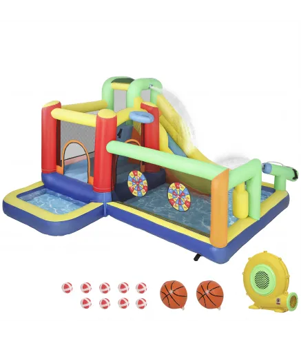 Castillo Hinchable Acuático con Soplador 550W 9 en 1 con Tobogán Trampolín Escalada 2 Piscinas Canasta Columna de Boxeo