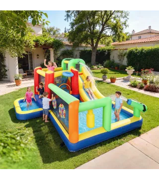 Castillo Hinchable Acuático con Soplador 550W 9 en 1 con Tobogán Trampolín Escalada 2 Piscinas Canasta Columna de Boxeo