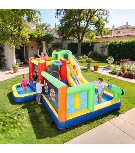 Castillo Hinchable Acuático con Soplador 550W 9 en 1 con Tobogán Trampolín Escalada 2 Piscinas Canasta Columna de Boxeo