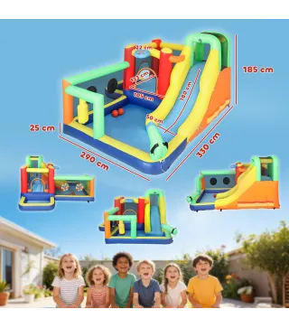 Castillo Hinchable Acuático con Soplador 550W 9 en 1 con Tobogán Trampolín Escalada 2 Piscinas Canasta Columna de Boxeo