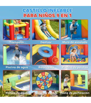 Castillo Hinchable Acuático con Soplador 550W 9 en 1 con Tobogán Trampolín Escalada 2 Piscinas Canasta Columna de Boxeo