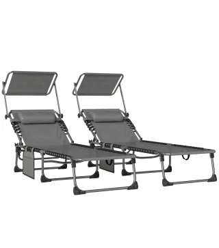 Set de 2 Tumbonas Plegables con Reposacabezas Parasol Bolsillo Lateral y Respaldo Reclinable en 5 Posiciones Gris