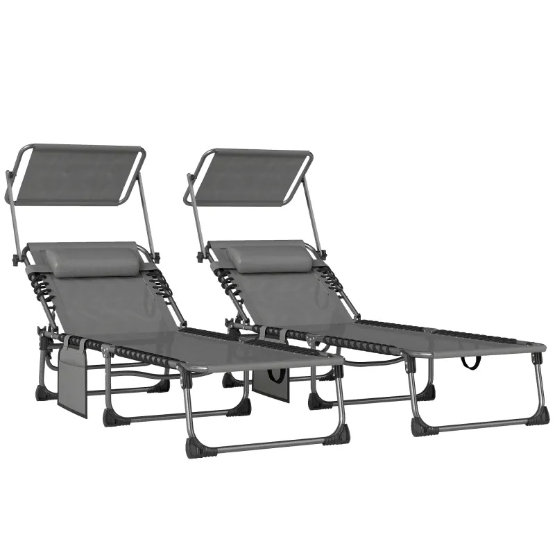 Set de 2 Tumbonas Plegables con Reposacabezas Parasol Bolsillo Lateral y Respaldo Reclinable en 5 Posiciones Gris