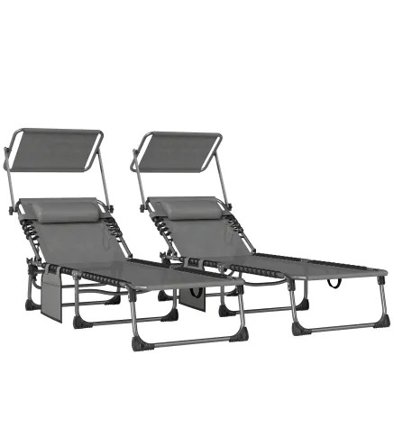 Set de 2 Tumbonas Plegables con Reposacabezas Parasol Bolsillo Lateral y Respaldo Reclinable en 5 Posiciones Gris
