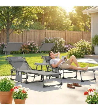 Set de 2 Tumbonas Plegables con Reposacabezas Parasol Bolsillo Lateral y Respaldo Reclinable en 5 Posiciones Gris