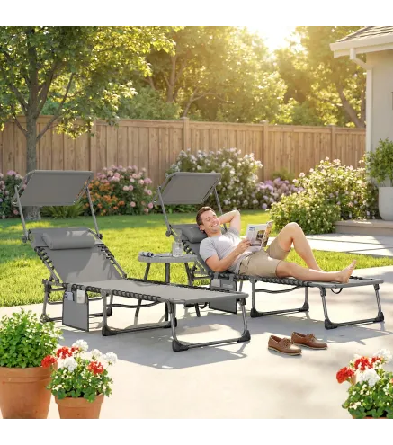Set de 2 Tumbonas Plegables con Reposacabezas Parasol Bolsillo Lateral y Respaldo Reclinable en 5 Posiciones Gris
