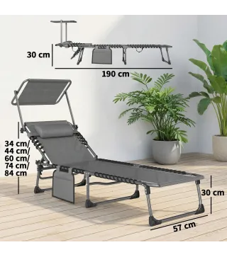 Set de 2 Tumbonas Plegables con Reposacabezas Parasol Bolsillo Lateral y Respaldo Reclinable en 5 Posiciones Gris