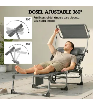 Set de 2 Tumbonas Plegables con Reposacabezas Parasol Bolsillo Lateral y Respaldo Reclinable en 5 Posiciones Gris