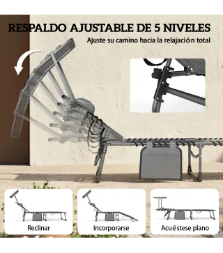 Set de 2 Tumbonas Plegables con Reposacabezas Parasol Bolsillo Lateral y Respaldo Reclinable en 5 Posiciones Gris
