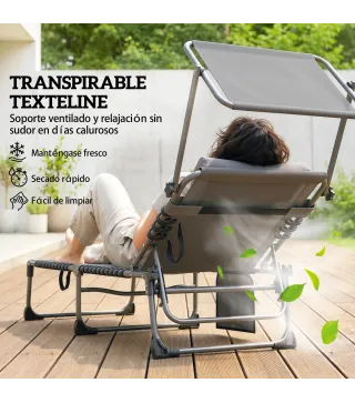Set de 2 Tumbonas Plegables con Reposacabezas Parasol Bolsillo Lateral y Respaldo Reclinable en 5 Posiciones Gris