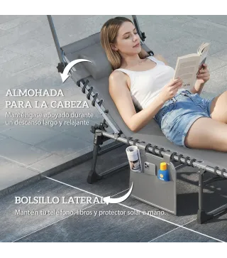 Set de 2 Tumbonas Plegables con Reposacabezas Parasol Bolsillo Lateral y Respaldo Reclinable en 5 Posiciones Gris