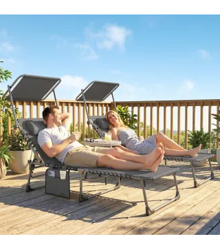 Set de 2 Tumbonas Plegables con Reposacabezas Parasol Bolsillo Lateral y Respaldo Reclinable en 5 Posiciones Gris