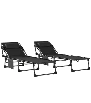 Set de 2 Tumbonas Plegables con Reposacabezas Bolsillo Lateral y Respaldo Reclinable en 5 Posiciones Negro