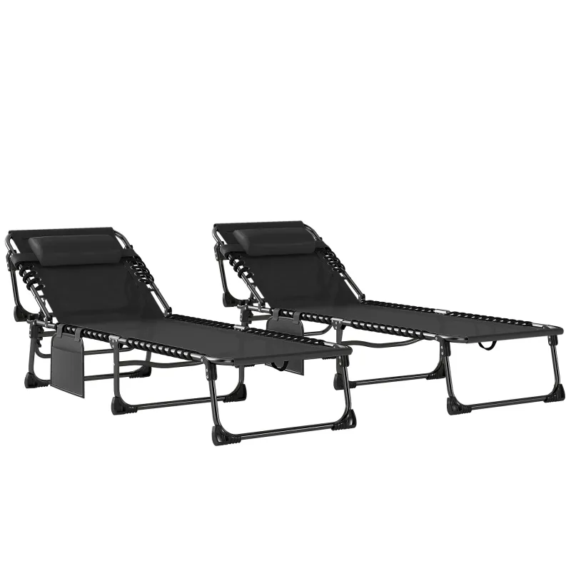 Set de 2 Tumbonas Plegables con Reposacabezas Bolsillo Lateral y Respaldo Reclinable en 5 Posiciones Negro Set de 2 Tumbonas Plegables con Reposacabezas Bolsillo Lateral y Respaldo Reclinable en 5 Posiciones Negro
