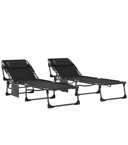 Set de 2 Tumbonas Plegables con Reposacabezas Bolsillo Lateral y Respaldo Reclinable en 5 Posiciones Negro