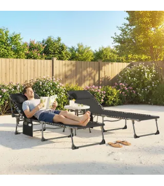 Set de 2 Tumbonas Plegables con Reposacabezas Bolsillo Lateral y Respaldo Reclinable en 5 Posiciones Negro