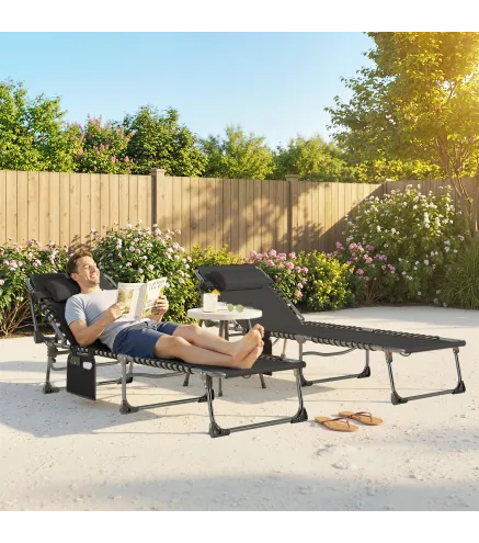 Set de 2 Tumbonas Plegables con Reposacabezas Bolsillo Lateral y Respaldo Reclinable en 5 Posiciones Negro