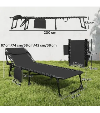 Set de 2 Tumbonas Plegables con Reposacabezas Bolsillo Lateral y Respaldo Reclinable en 5 Posiciones Negro